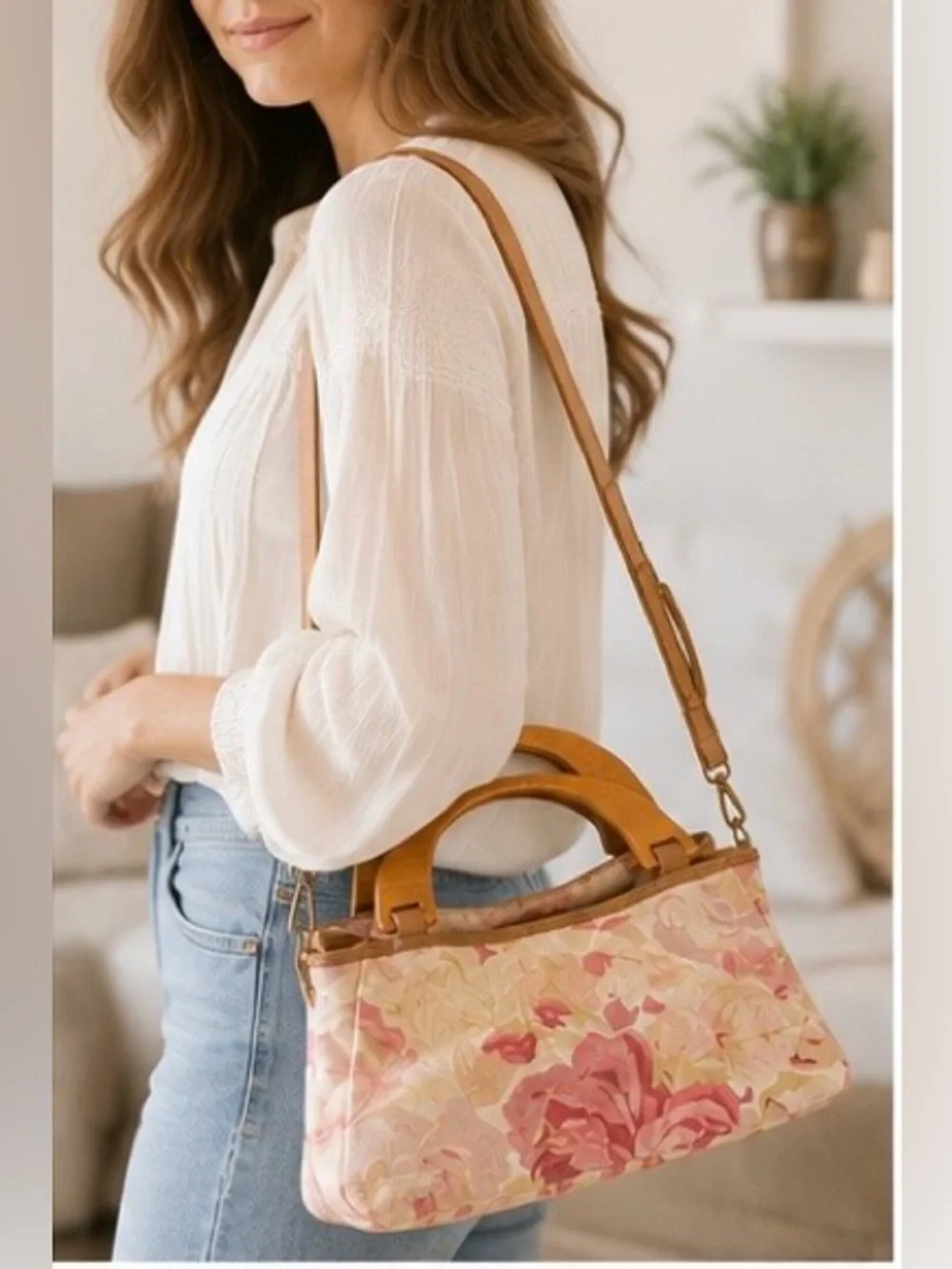 Vintage Fossil Floral Canvas Satchel Handbag Wooden Handles + Crossbody Strap
